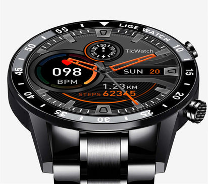Smartwatch display showing BPM, distance, and steps on a sleek black TicWatch face.