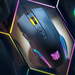 Gaming mouse with RGB lighting and adjustable DPI on a stylish geometric background.
