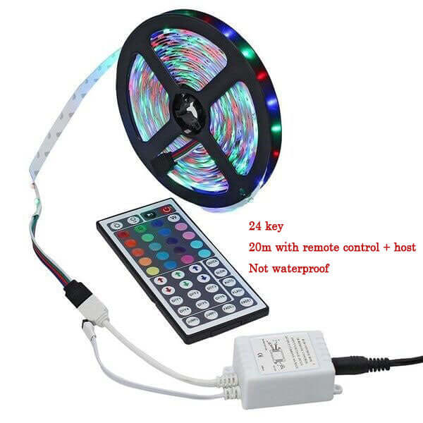 LED Strip Light showcasing vibrant RGB colors, flexible installation with remote control and power adapter.