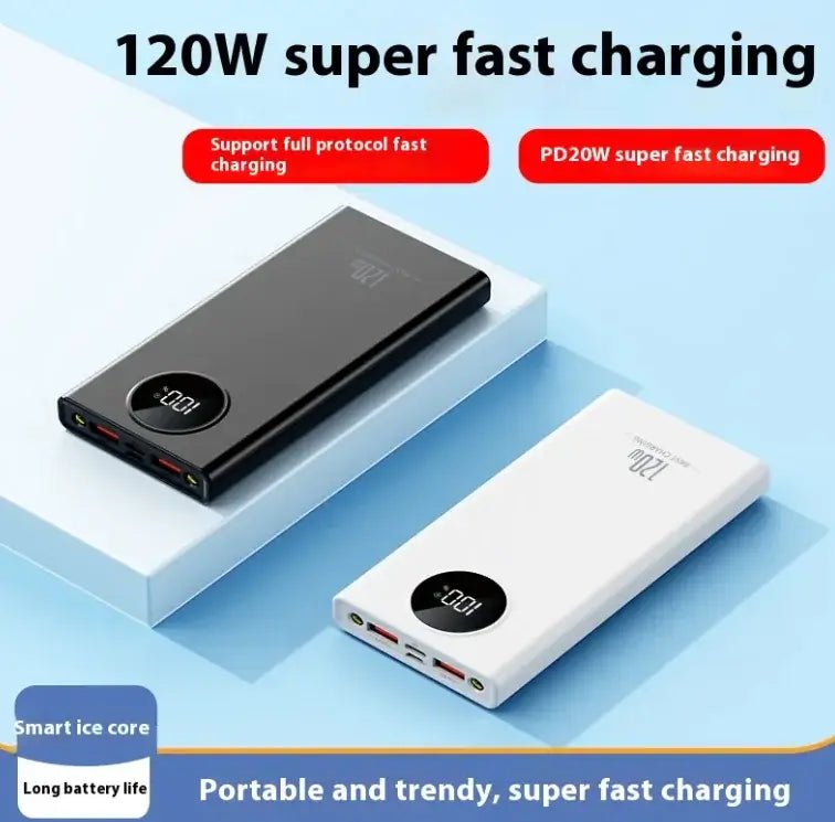 Super Fast Charge Power Bank in black and white, highlighting 120W super fast charging features.