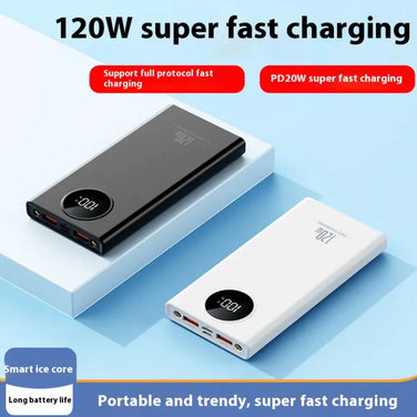 Super Fast Charge Power Bank in black and white, highlighting 120W super fast charging features.