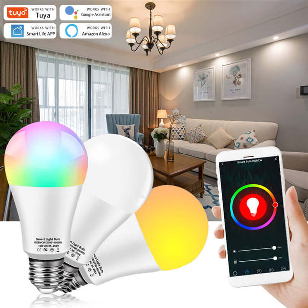 Tuya LED RGB Smart Bulb in a stylish living room with a smartphone controlling the lights.