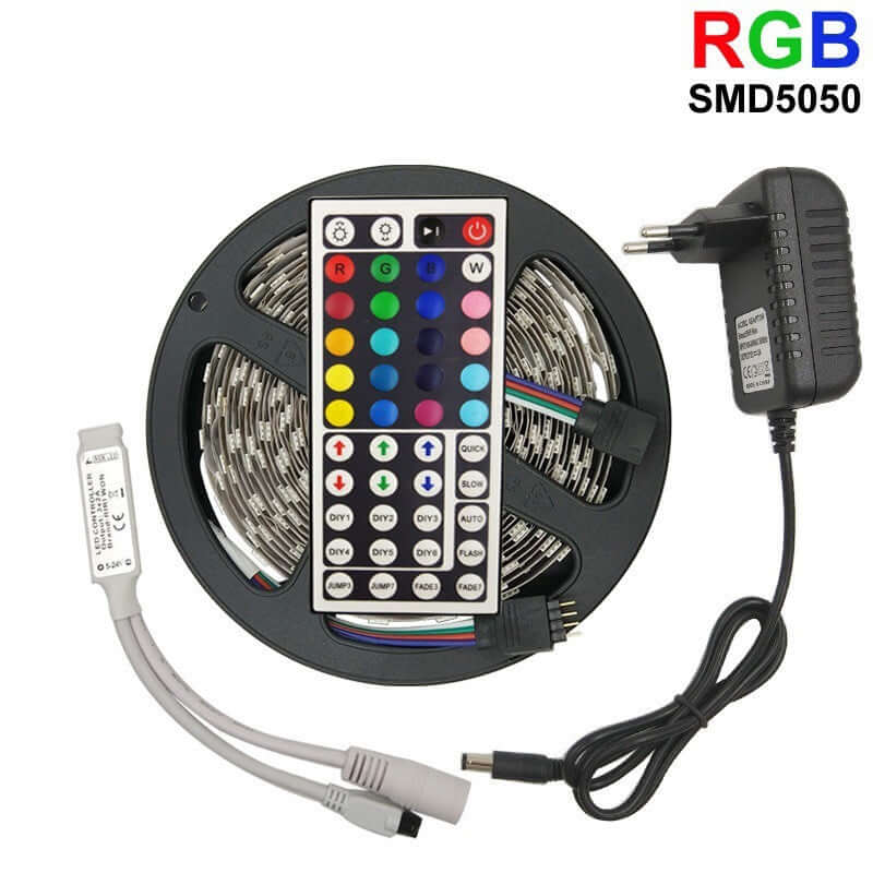 LED Strip Light featuring a vibrant RGB color remote and power adapter for flexible installation.