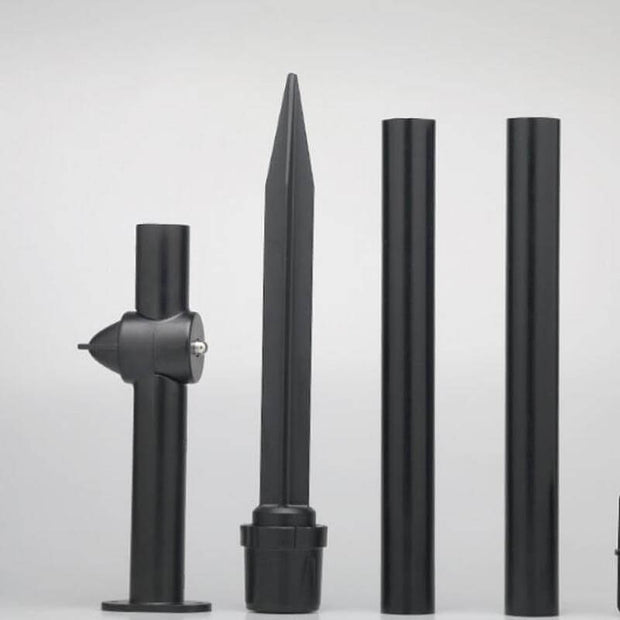 Outdoor Solar Light installation parts including poles and stakes in black color.