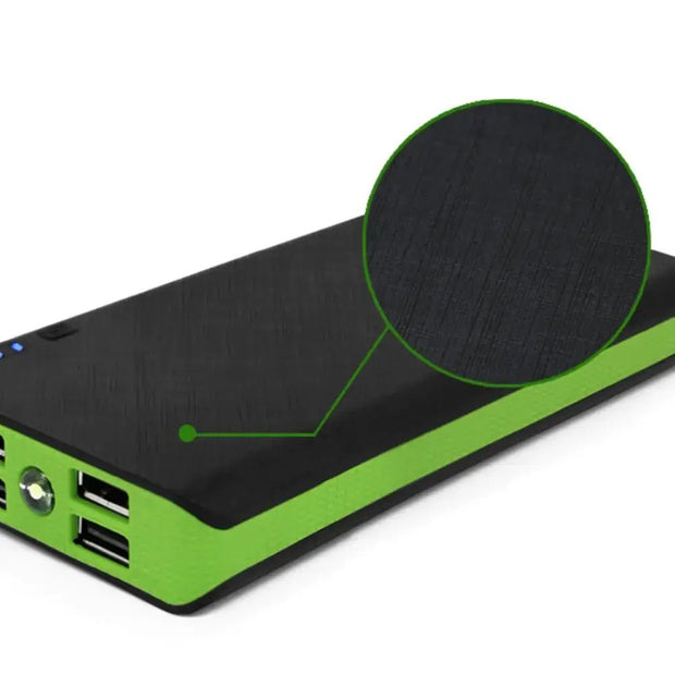20000mAh High-Capacity Power Bank Charger in black and green design with textured surface.