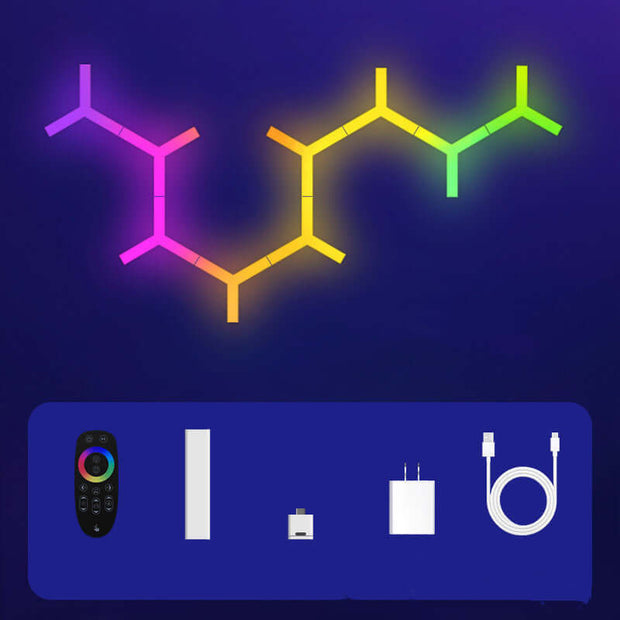 RGB Colourful Branches Ambience Light with remote control, charger, and USB cable on a purple background.