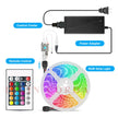 LED Strip Light setup with control center, power adapter, remote control, and vibrant RGB colors.