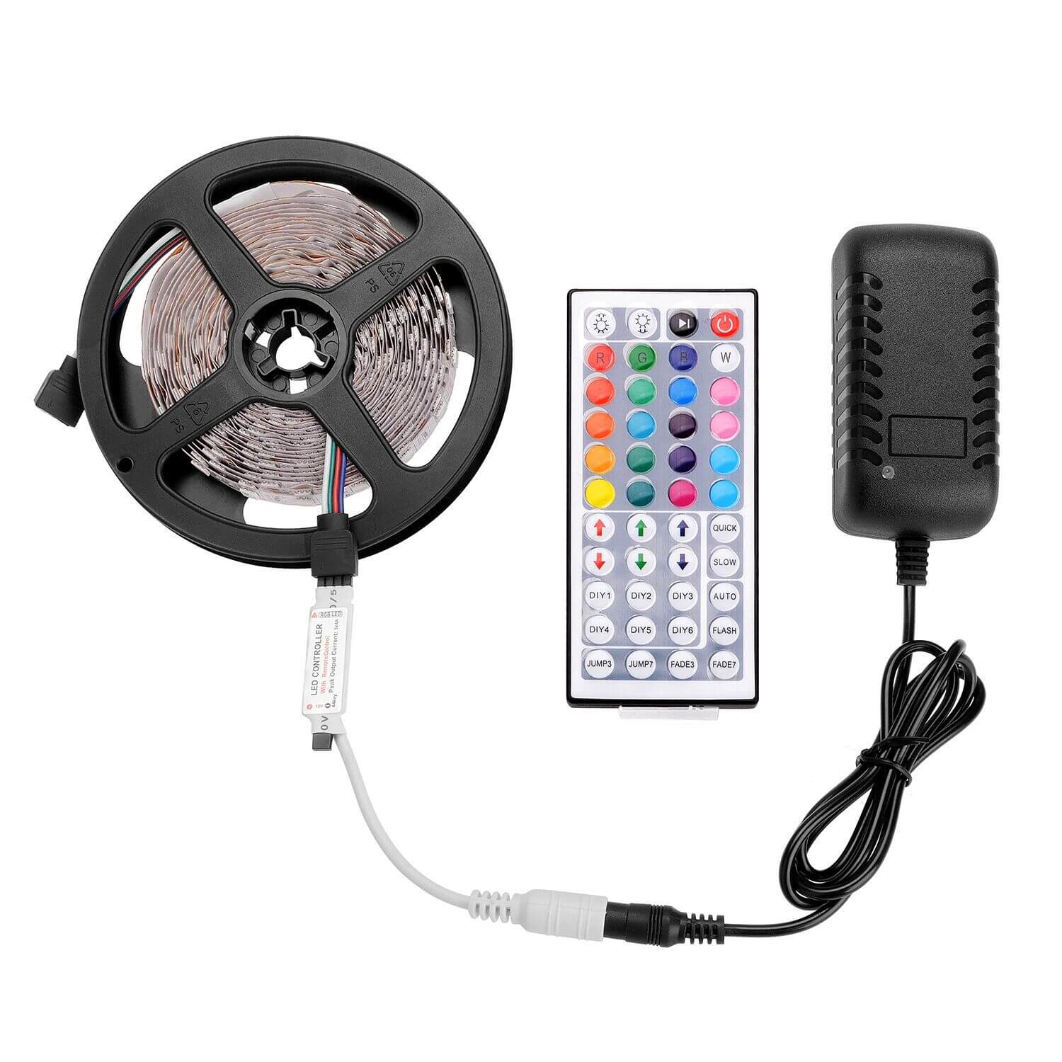 LED Strip Light RGB with remote control and power adapter for flexible installation and vibrant lighting.
