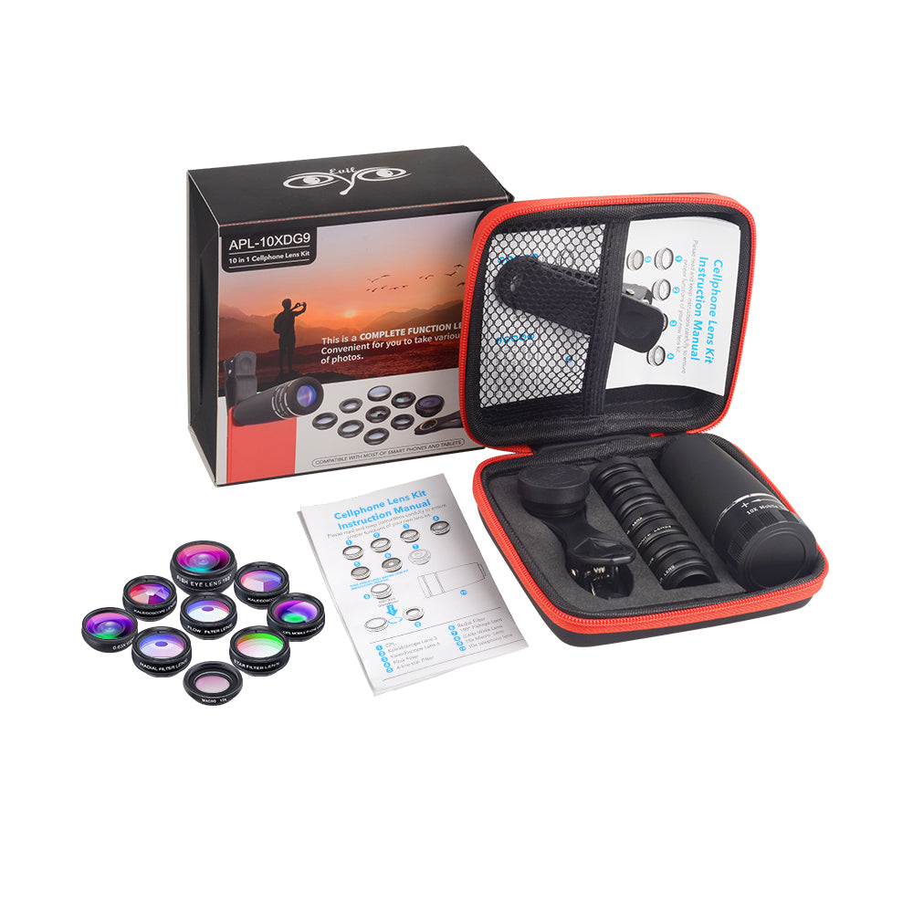 Camera lens kit with lenses, case, and manual on a white background