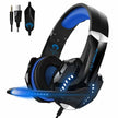 Gaming headset with blue accents and microphone, accompanied by a cable on a white background.