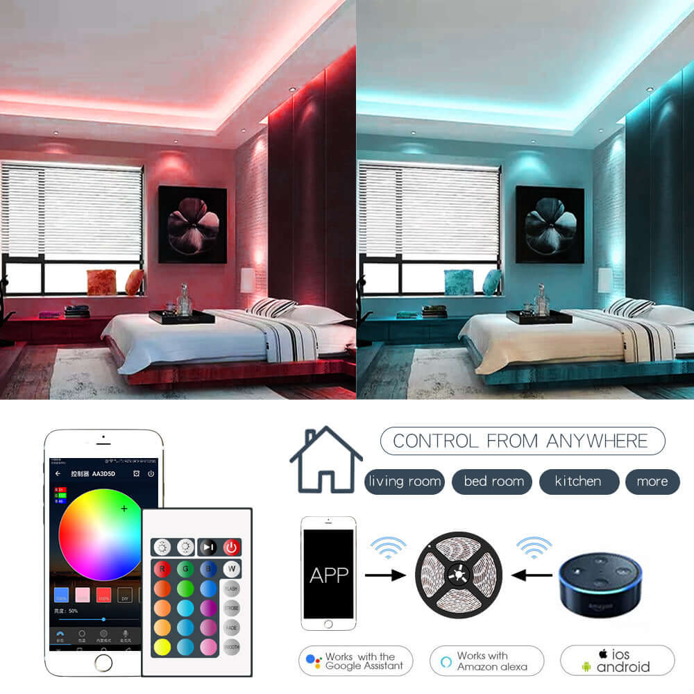 LED Strip Light RGB in vibrant colors illuminating a modern bedroom with control options from a smartphone.