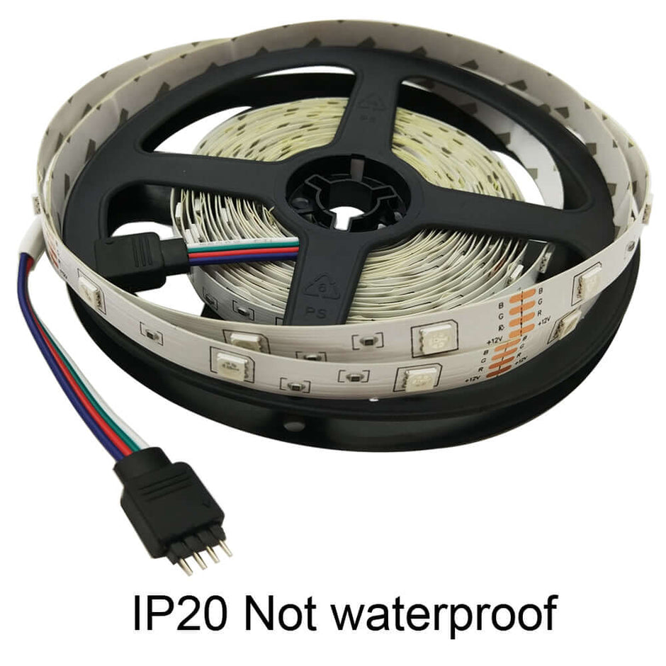 LED Strip Light on a spool, showcasing flexible installation and vibrant colours, IP20 rated, not waterproof.