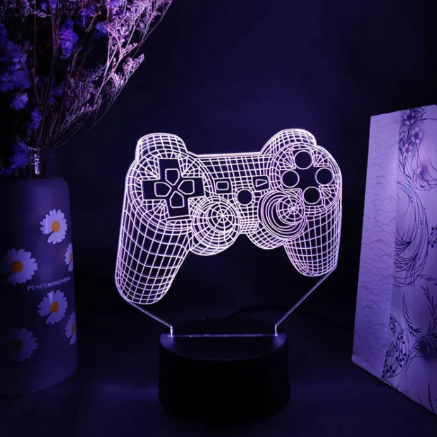 Colour-Changing LED Lightof a wireframe game controller lamp in a dark setting.