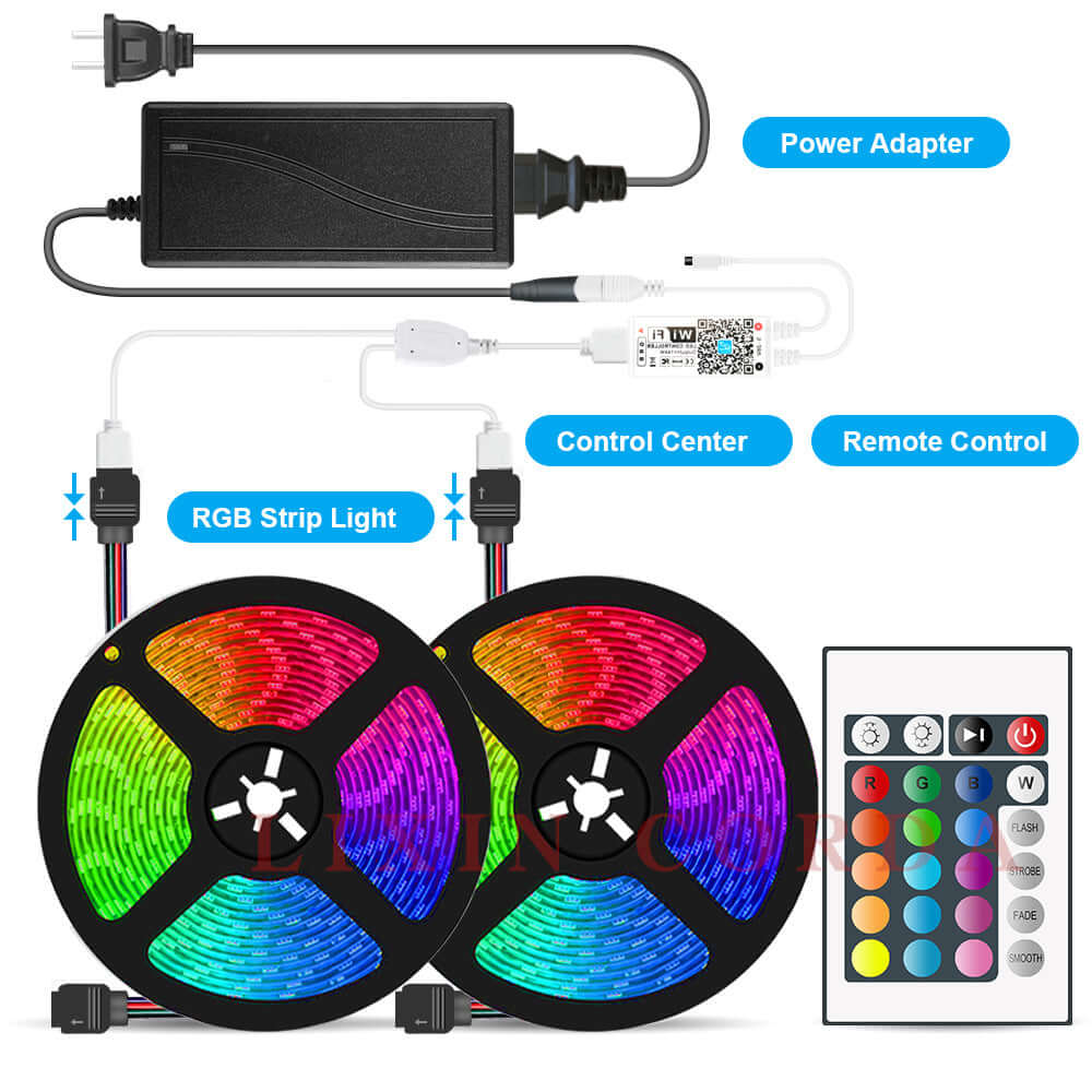 LED Strip Light with vibrant RGB colors, power adapter, control center, and remote control for flexible installation.