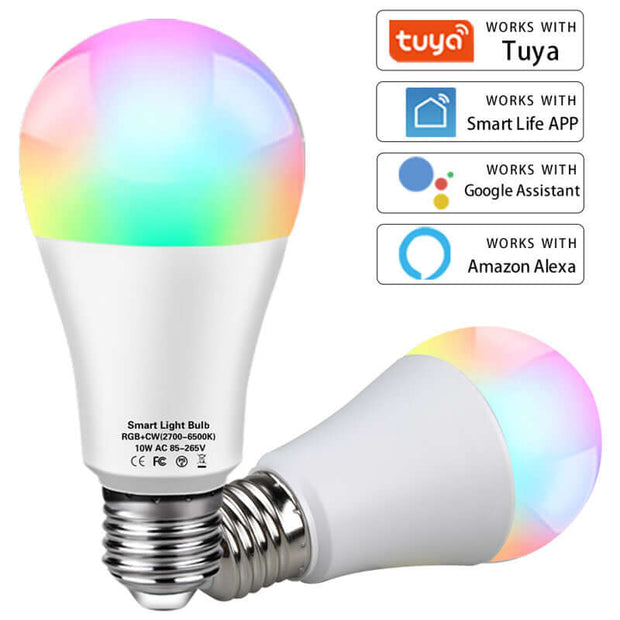 Tuya LED RGB Smart Bulb showcasing vibrant colors and smart features, compatible with Alexa and Google Assistant.