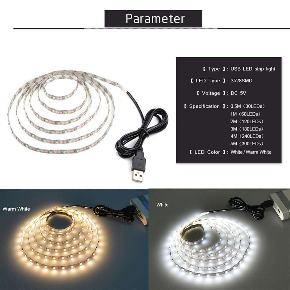 LED Strip Light showcasing various lengths, colors, and USB connectivity for flexible lighting solutions.