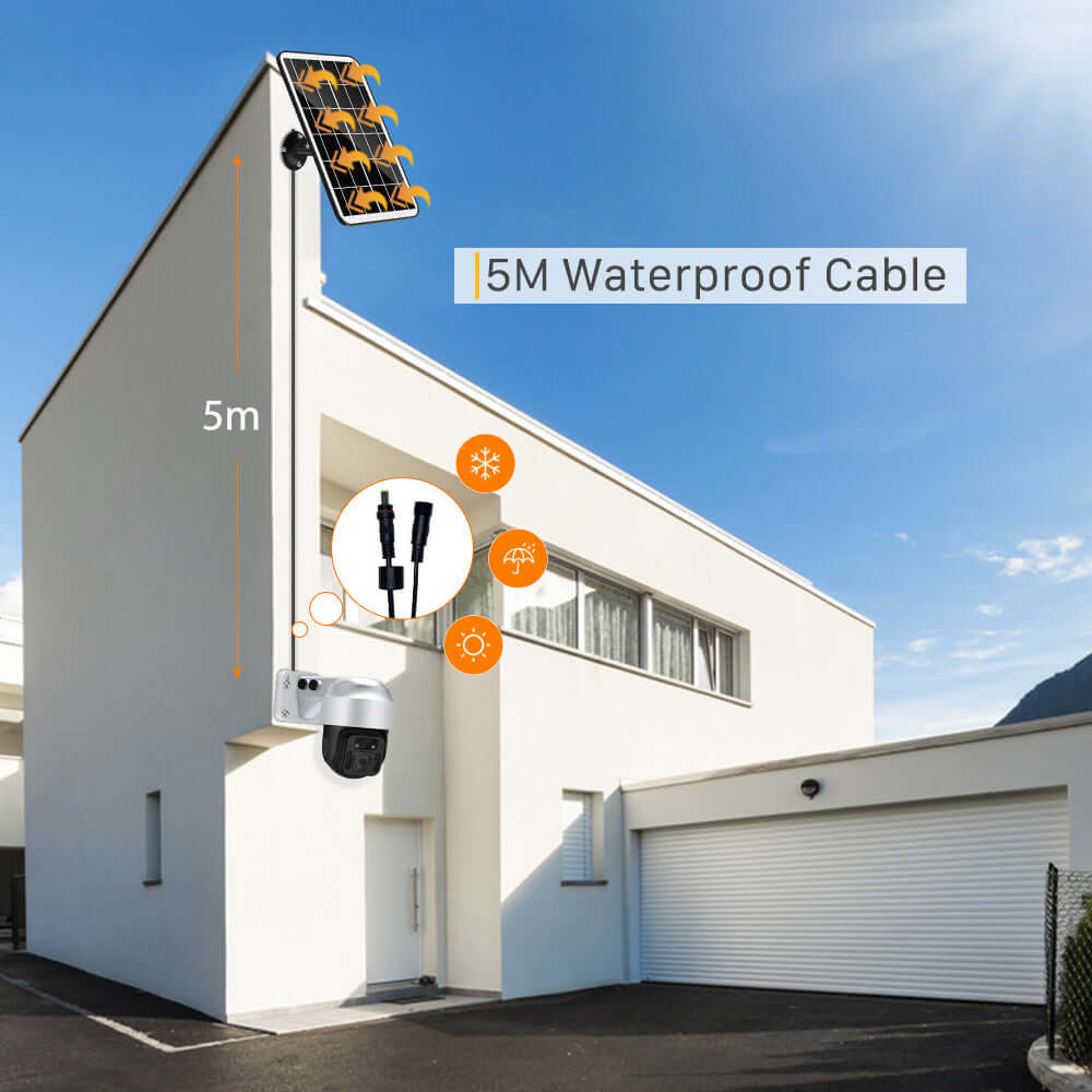 Solar Powered Wireless WiFi Surveillance Camera with 5M waterproof cable installed outside a modern house.