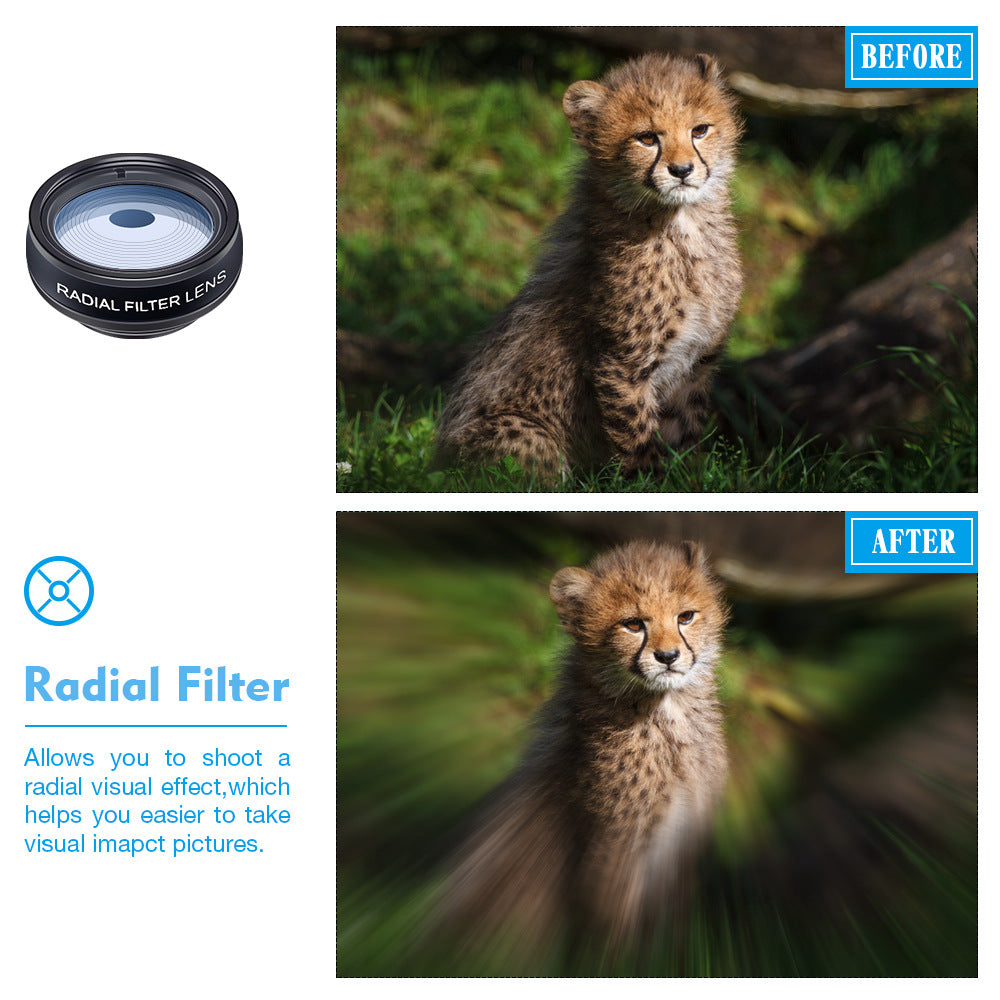 Before and after comparison of a cheetah using a radial filter lens.