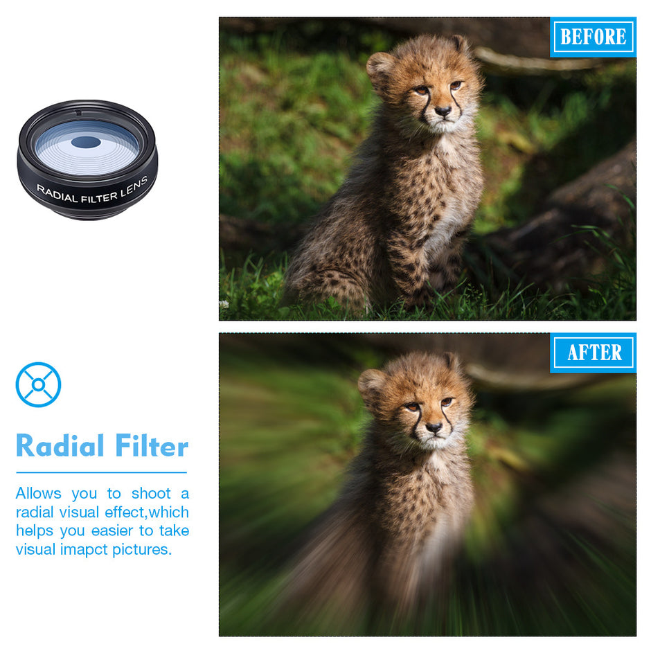Before and after comparison of a cheetah using a radial filter lens.