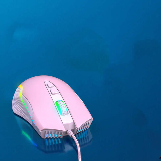 Gaming mouse featuring seven-speed DPI adjustment and vibrant RGB lighting on a blue background.