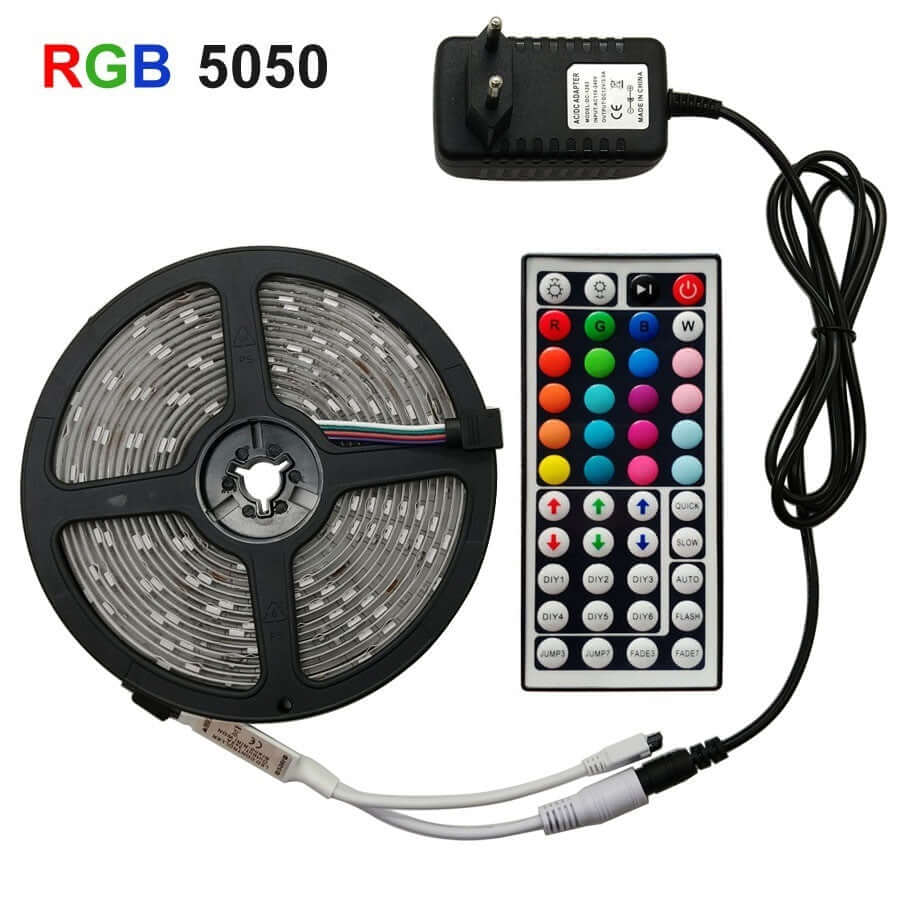 LED Strip Light RGB 5050 kit including light roll and remote for colorful lighting customization.