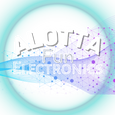 ALOTTA Fun Electronics logo with futuristic design elements on a light blue background