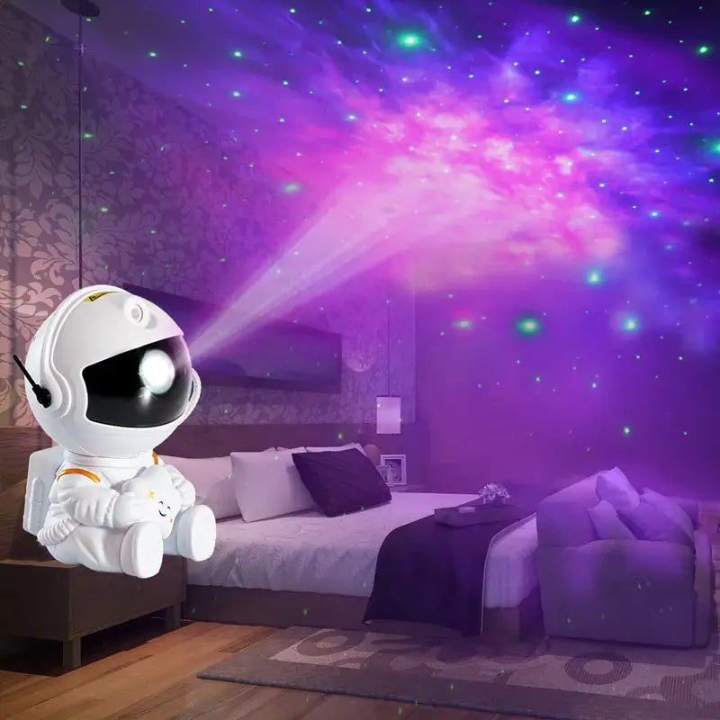 Cute Astronaut Galaxy Projector creating a dreamy starry night light in a cozy bedroom.