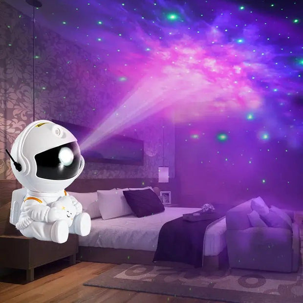 Cute Astronaut Galaxy Projector creating a dreamy starry night light in a cozy bedroom.