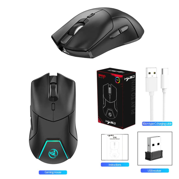 HXSJ 2.4G Wireless Game Mouse with packaging, USB receiver, and charging cable for gaming and productivity.