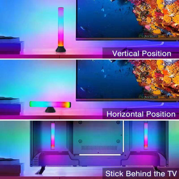 Tuya Bluetooth RGB Music Atmosphere Light in vertical, horizontal, and behind TV positions for immersive lighting effects.