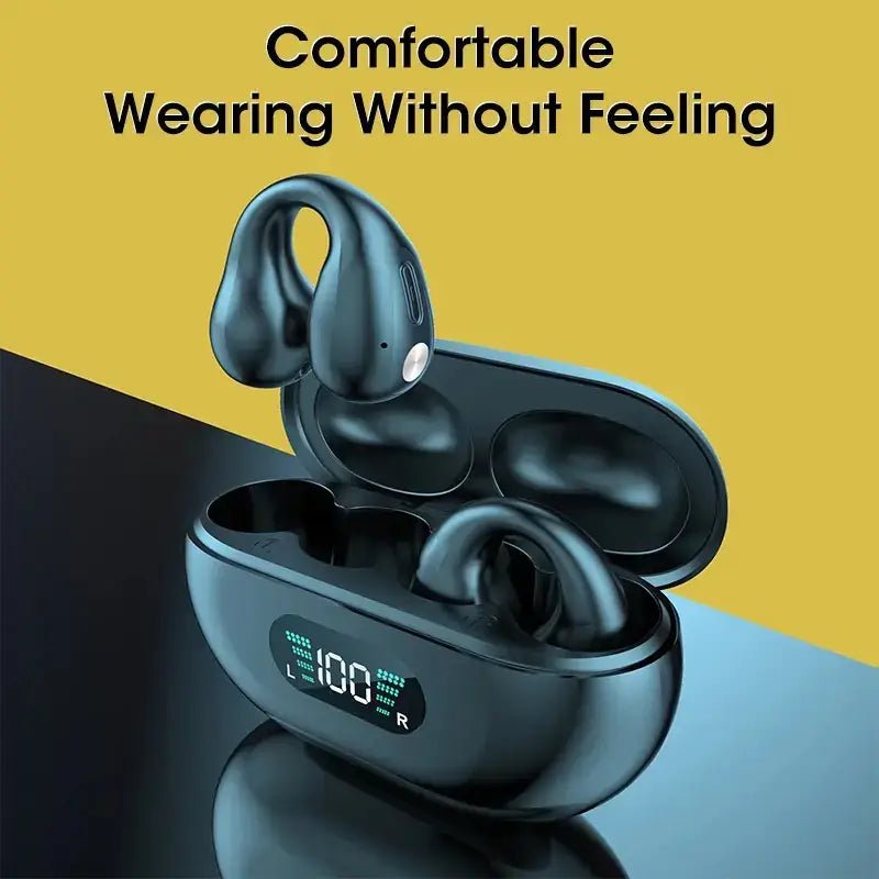 Ambie Sound TWS Ear Bone Conduction Bluetooth Earbuds in charging case, showcasing comfort and innovative design.