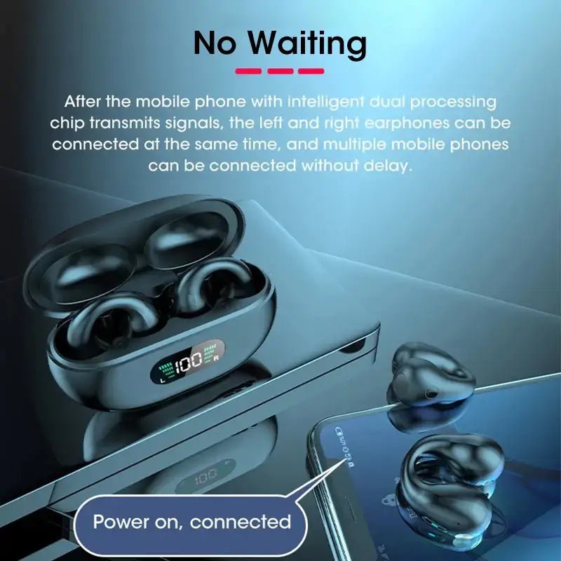 Ambie Sound TWS Ear Bone Conduction Bluetooth Earbuds shown with charging case and mobile phone, highlighting seamless connectivity.