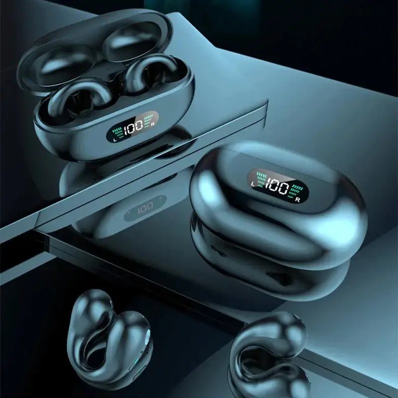 Ambie Sound TWS Ear Bone Conduction Bluetooth Earbuds in charging case with digital display.