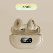 Ambie Sound TWS Ear Bone Conduction Bluetooth Earbuds in khaki color with charging case displaying battery level.