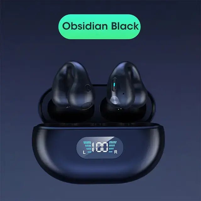Ambie Sound TWS Ear Bone Conduction Bluetooth Earbuds in Obsidian Black with charging case display.