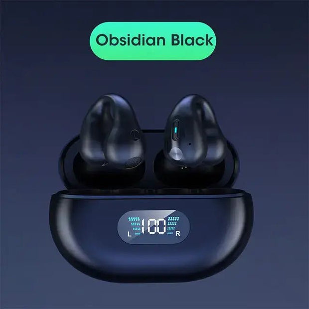 Ambie Sound TWS Ear Bone Conduction Bluetooth Earbuds in Obsidian Black with charging case display.