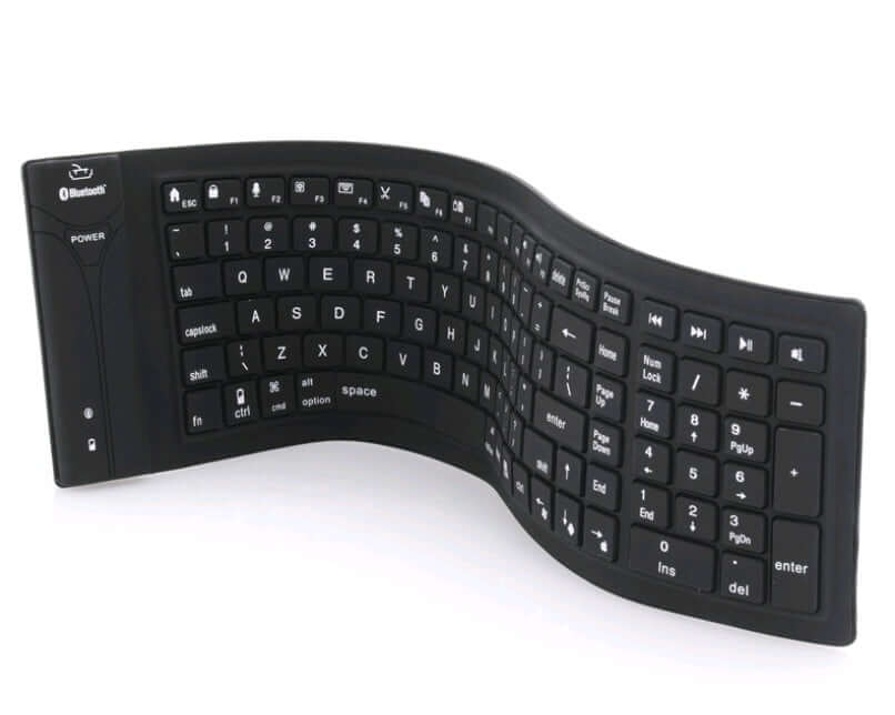 Bluetooth folding silicone keyboard in a curved design, featuring 108 keys for universal use and portability.