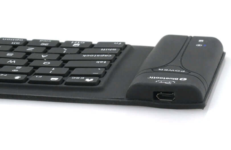 Bluetooth folding silicone keyboard showcasing a compact design with USB interface and power indicator.