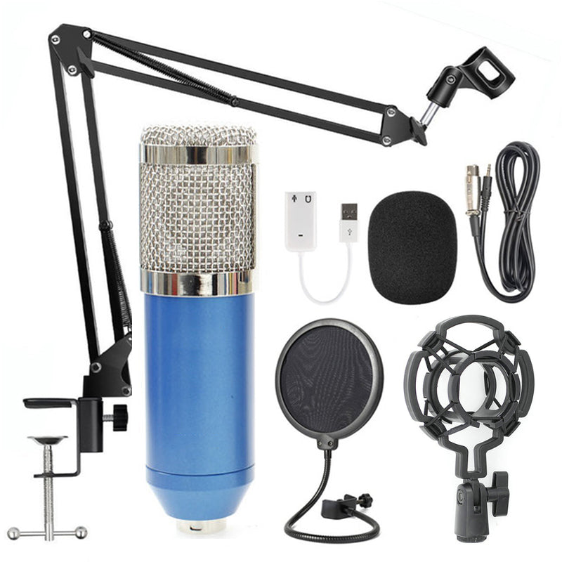 Net microphone stand set featuring BM-800 microphone, adjustable arm, pop filter, and USB sound card.