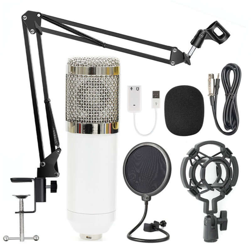 Net microphone stand set with microphone, pop filter, shock mount, and USB cable for high-definition audio recording.