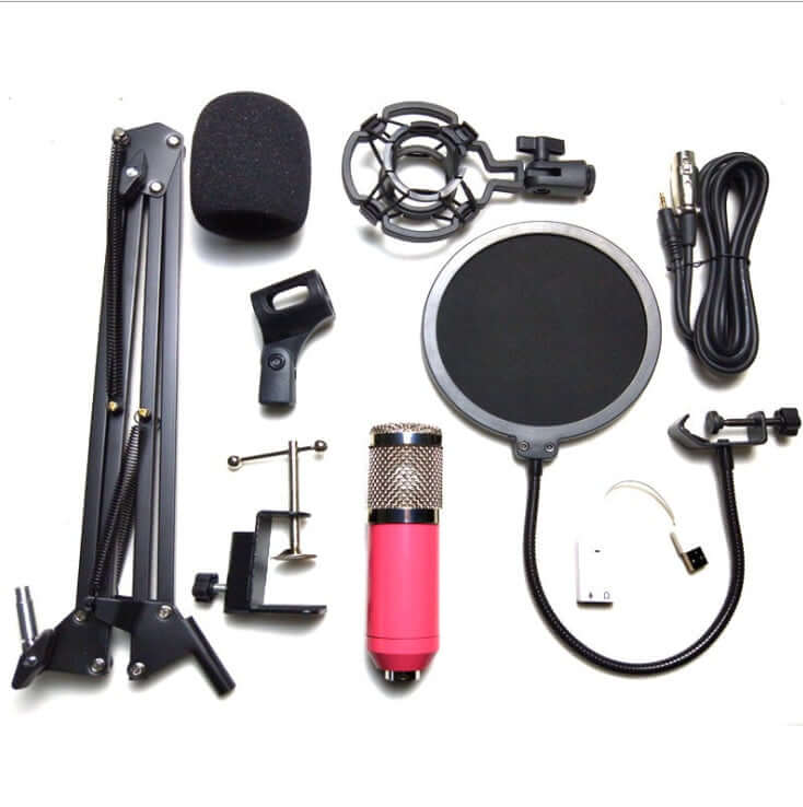 Net microphone stand set featuring BM-800 microphone, adjustable stand, pop filter, and cables.