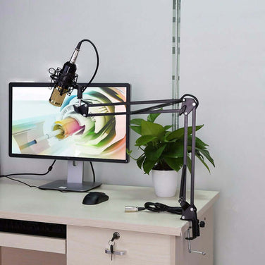 Net microphone stand set with BM-800 microphone attached to adjustable arm next to a computer monitor and plant.