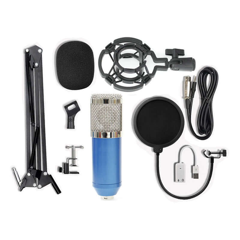 Net microphone stand set includes microphone, pop filter, shock mount, and cables for desktop audio setup.
