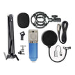 Net microphone stand set includes microphone, pop filter, shock mount, and cables for desktop audio setup.