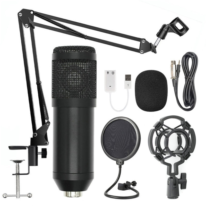Net microphone stand set featuring BM-800 microphone, adjustable arm, pop filter, and accessories.