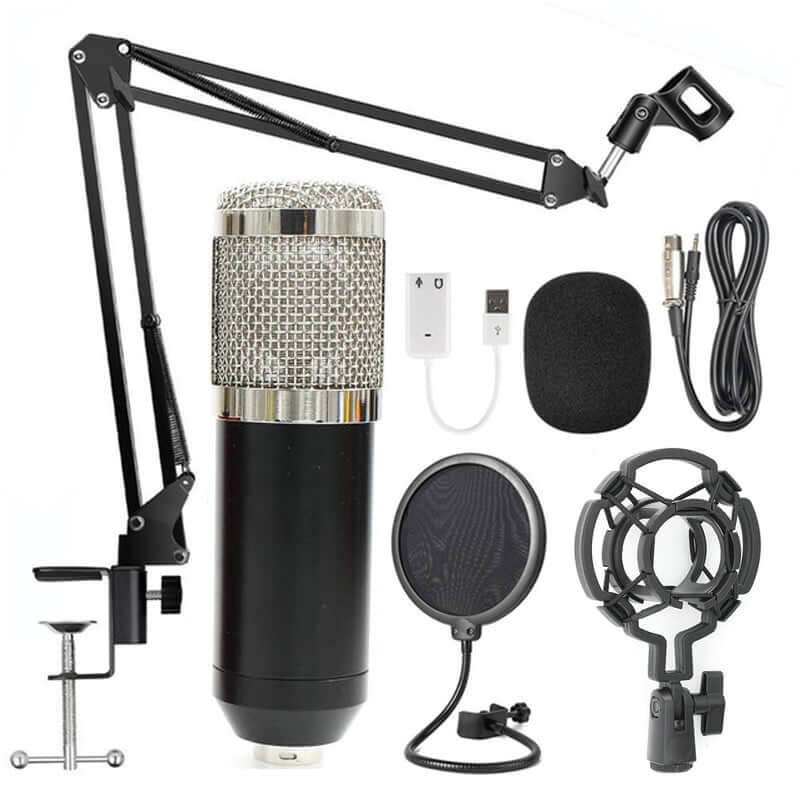 Net microphone stand set includes microphone, boom arm, pop filter, shock mount, and cables.