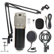 Net microphone stand set includes microphone, boom arm, pop filter, shock mount, and cables.