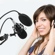 Net microphone stand set featuring a microphone and a woman wearing headphones.