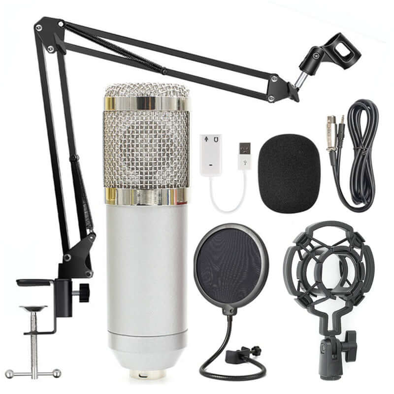 Net microphone stand set includes BM-800 microphone, adjustable arm, pop filter, and cables for high-definition audio.