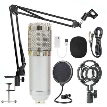 Net microphone stand set includes BM-800 microphone, adjustable arm, pop filter, and cables for high-definition audio.